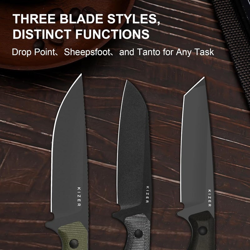 KIZER Begleiter Fix Fixed Blade Knife, 3.75" Sheepsfoot 3V Blade Hunting Knives with Kydex Sheath, Black Micarta Handle EDC Knife for Camping Hunting Survival 1045MS1 - Image 2